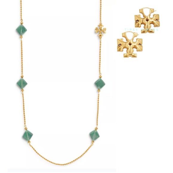 Tory Burch Roxanne Long Green and Gold Lariat Long Necklace and Gold Earring Set - Picture 1 of 9